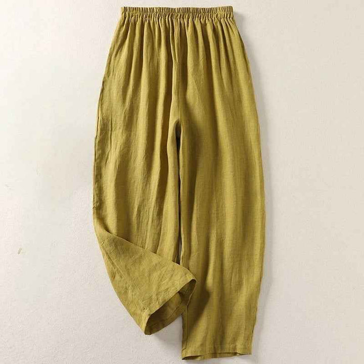 Versatile women's relaxed fit wide leg linen pants with elastic waist. Great for casual comfort & stylish summer fashion.