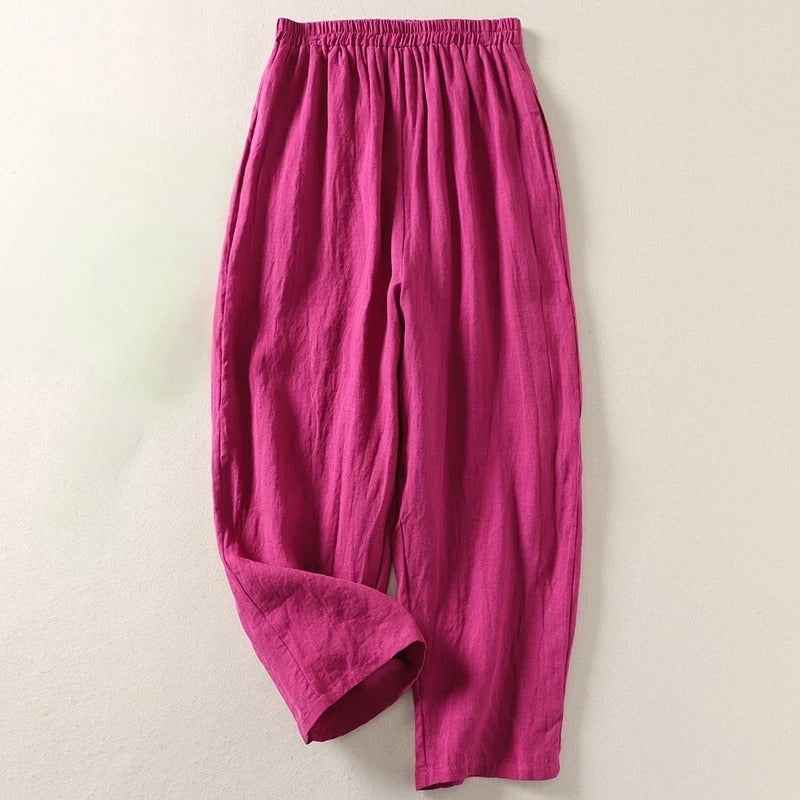 Refined women's linen wide leg pants, relaxed fit & elastic waist. Perfect comfortable, flowy summer style for women.