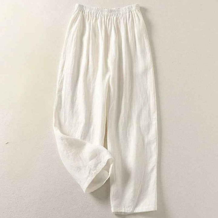Casual women's wide leg linen pants, relaxed fit with elastic waist. Versatile & comfortable for summer days and style.