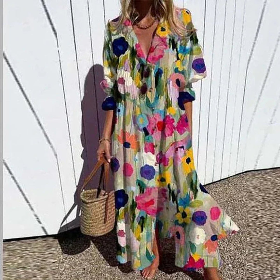 Women's relaxed fit floral boho maxi dress with V-neck. Perfect for summer, beach, or casual wear.