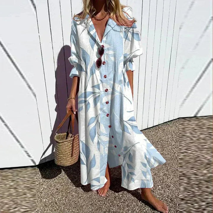 Versatile women's V-neck floral maxi dress, perfect as a summer dress, beachwear, or elegant party attire.
