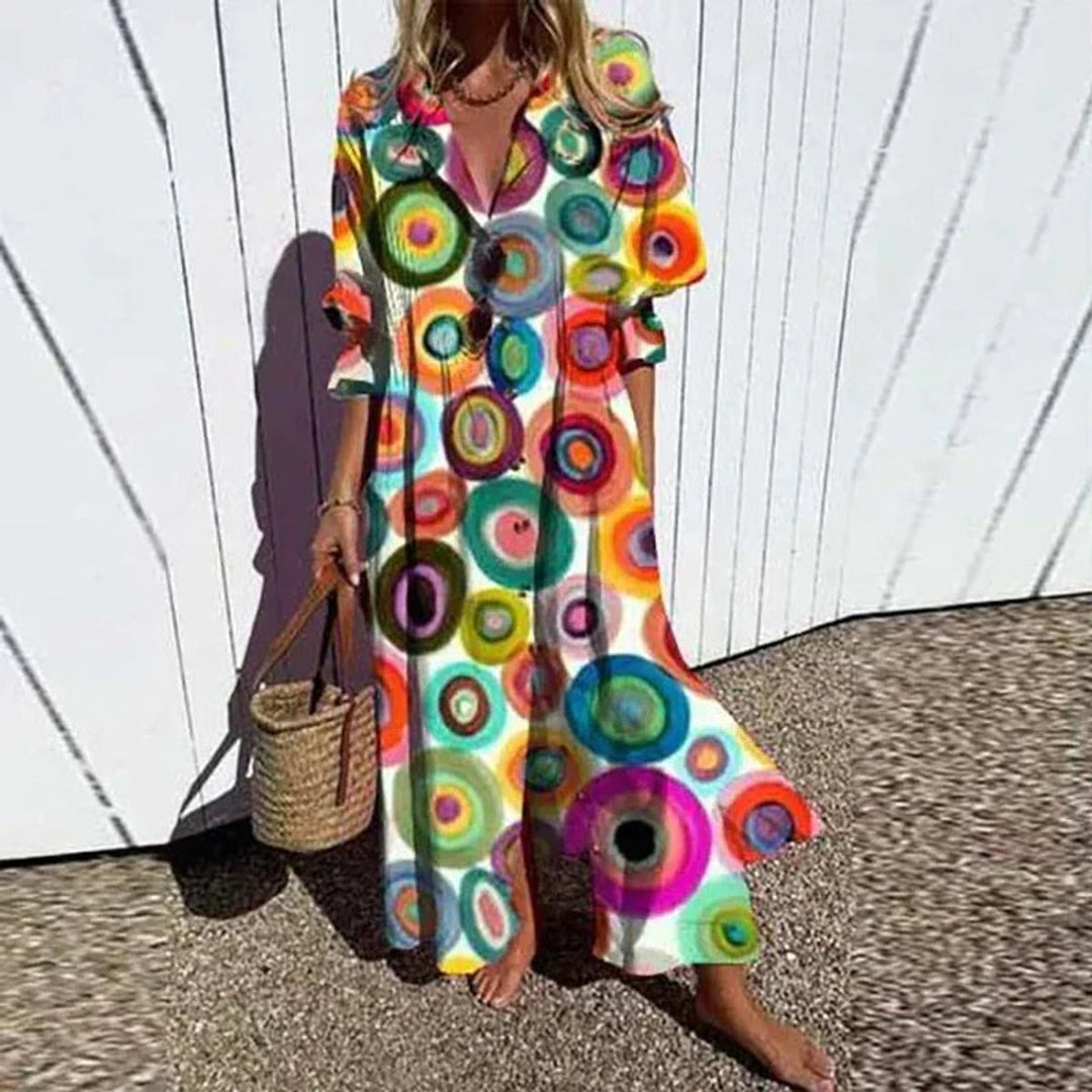 Multicolor floral pattern boho maxi dress for women, with a chic V-neck and comfortable relaxed fit.