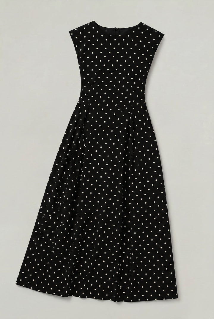Women's flattering polka dot maxi dress featuring cap sleeves and a chic fit and flare silhouette.
