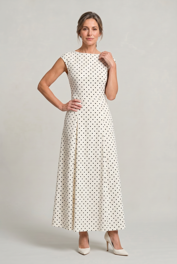 Chic women's polka dot cocktail maxi dress with elegant cap sleeves, suitable for special occasion formal wear.