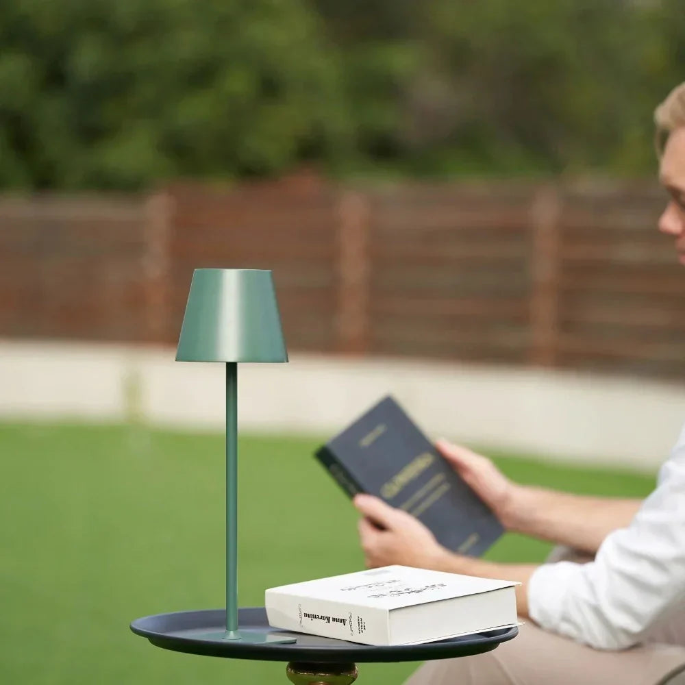 Indoor outdoor LED lamp, dimmable & portable for flexible lighting solutions.