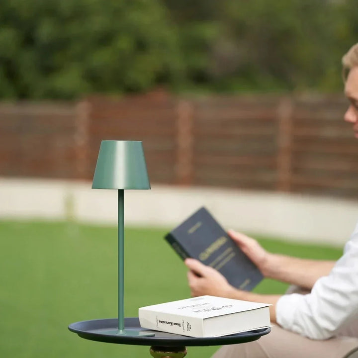 Indoor outdoor LED lamp, dimmable & portable for flexible lighting solutions.