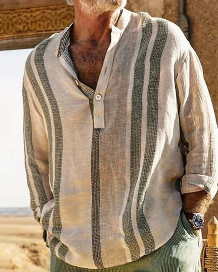 Men's relaxed fit striped grandad collar shirt. Long sleeve casual button-down, perfect for summer fashion.