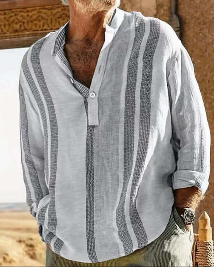 Versatile men's striped grandad collar shirt with a relaxed fit. Ideal casual long sleeve button-down for summer.
