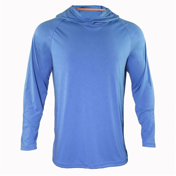 Men's hooded fishing shirt offers UPF sun protection. Lightweight, breathable long sleeve ideal for outdoor adventures.
