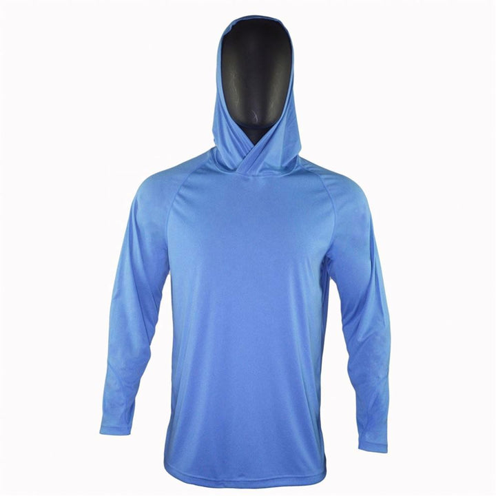 Man wearing a men's long sleeve hooded fishing shirt. Provides sun protection & breathability for active fishing trips.