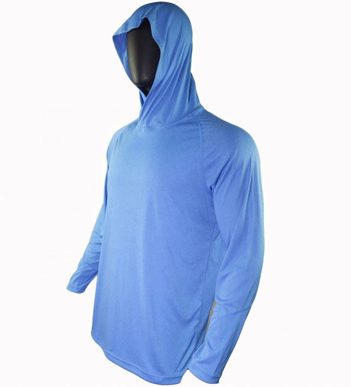Men's long sleeve hooded fishing shirt with raglan sleeves. Breathable, lightweight & sun protective for anglers.