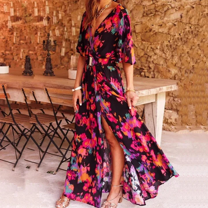 Sophisticated Sophia women's maxi wrap dress, elegant and versatile for both casual day and evening summer events.