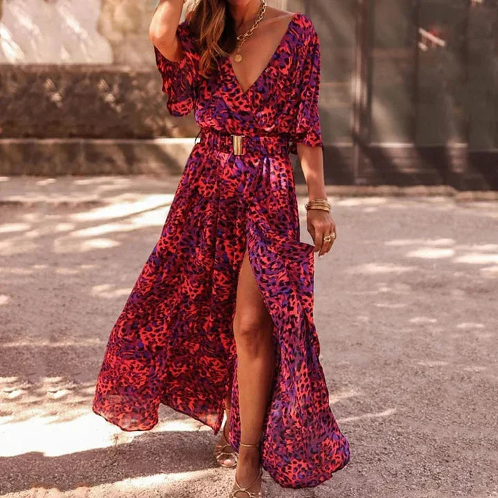 Elegant women's Sophia maxi wrap dress, perfect for versatile day to evening wear. Flattering fit, summer fashion.