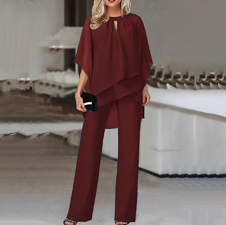 Maxine | Women's Cape Top Wide Leg Pants Set - Burgundy - Image 1