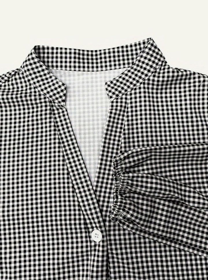 Stylish women's tiered gingham dress, a short summer mini with puff sleeves and a comfortable flowy fit.