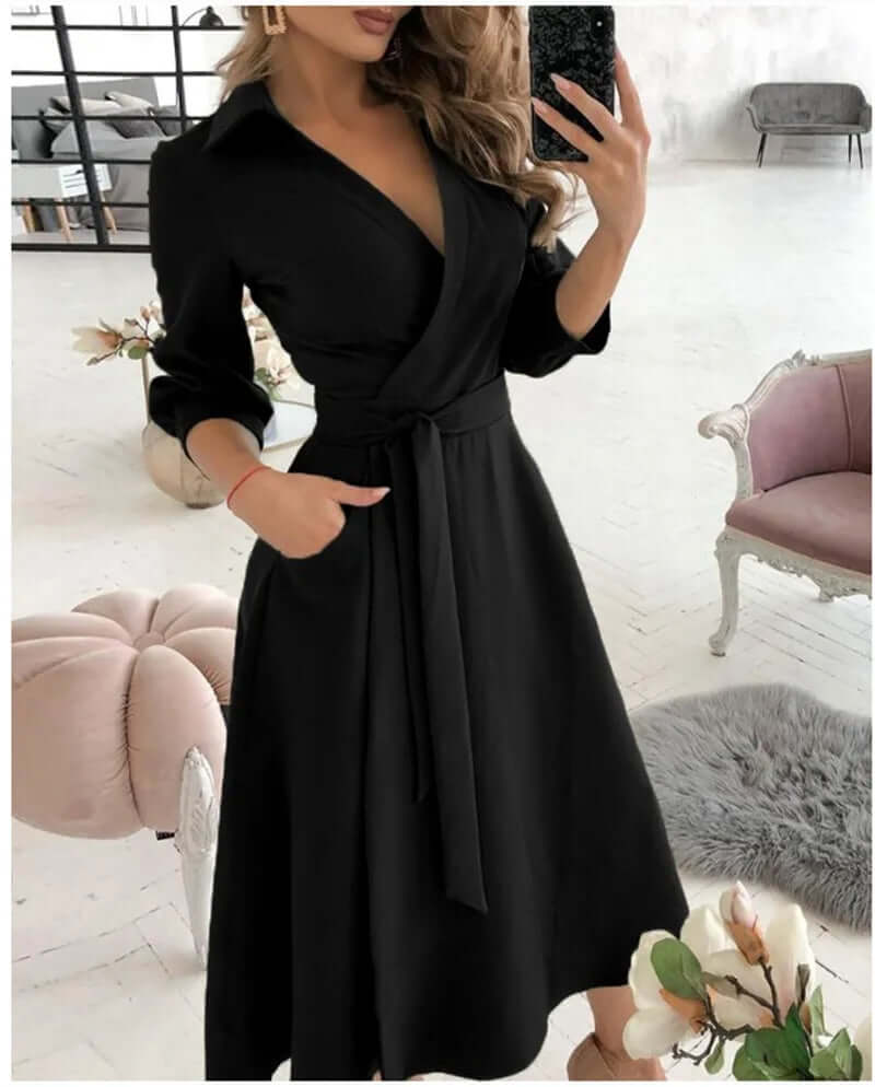 Women's refined collared wrap midi cocktail dress with tie waist. Elegant A-line for sophisticated evening wear.