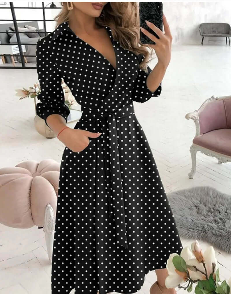 Sophisticated women's collared wrap midi dress. Elegant tie-waist cocktail dress, versatile for evening parties.