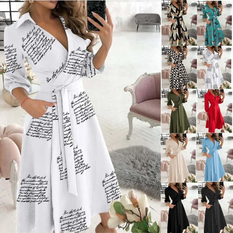 Party-ready women's wrap cocktail dress. Midi length, collared, & tie-waist A-line for elegant evening wear.