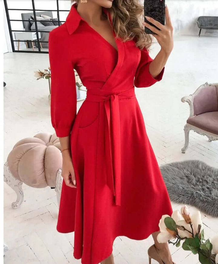 Elegant women's collared wrap cocktail dress. Perfect A-line midi for parties & sophisticated evening events.