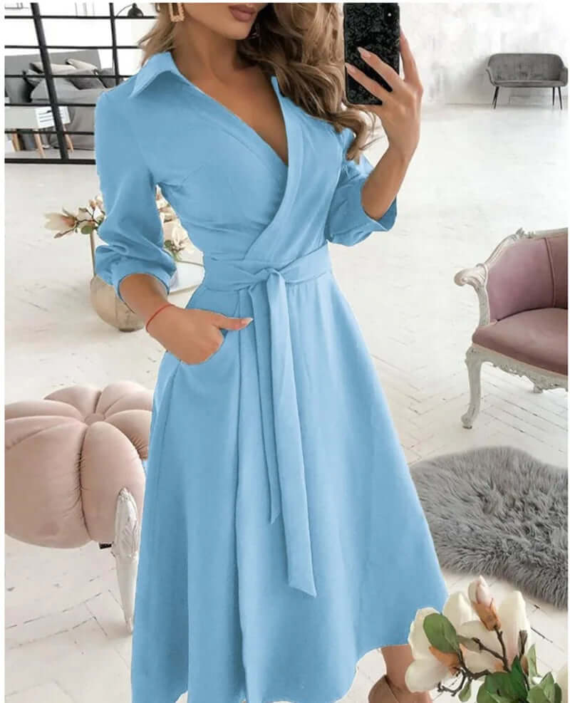 Refined women's collared wrap cocktail dress. Elegant midi length, ideal for parties & evening wear.