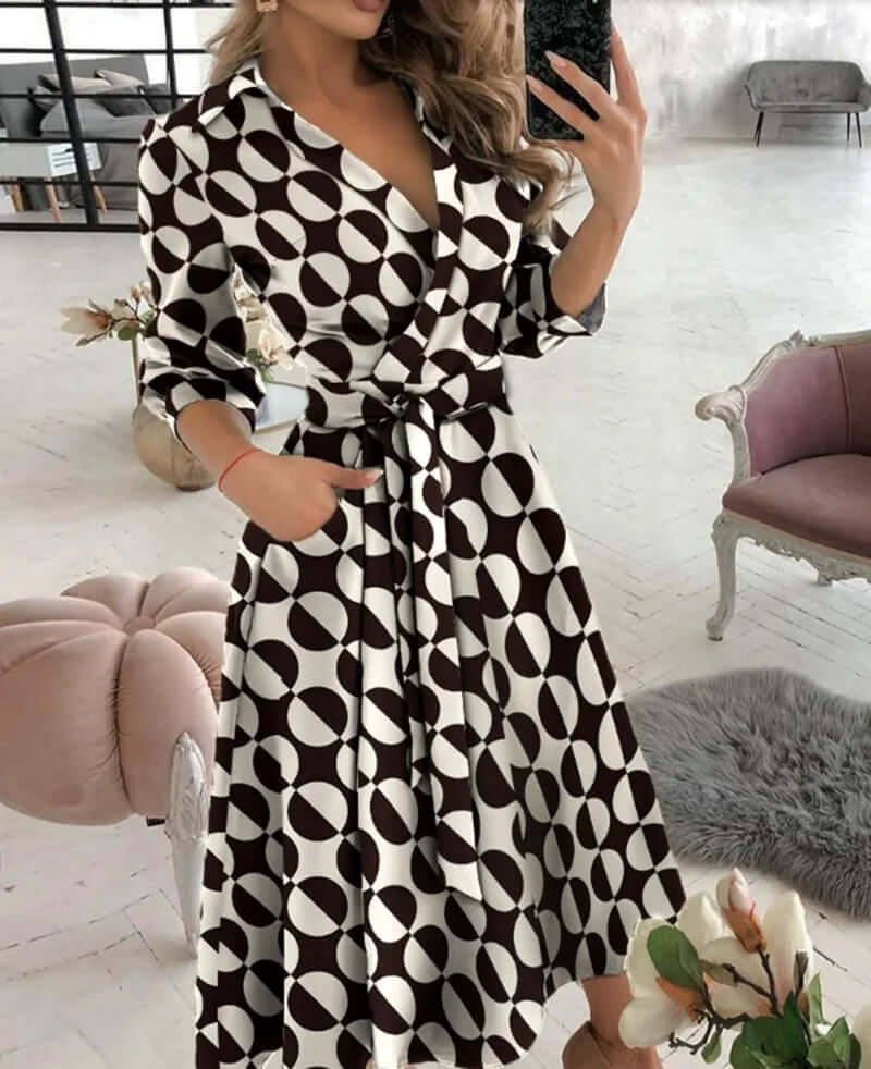 Chic women's collared wrap midi cocktail dress with a flattering tie waist & A-line silhouette.