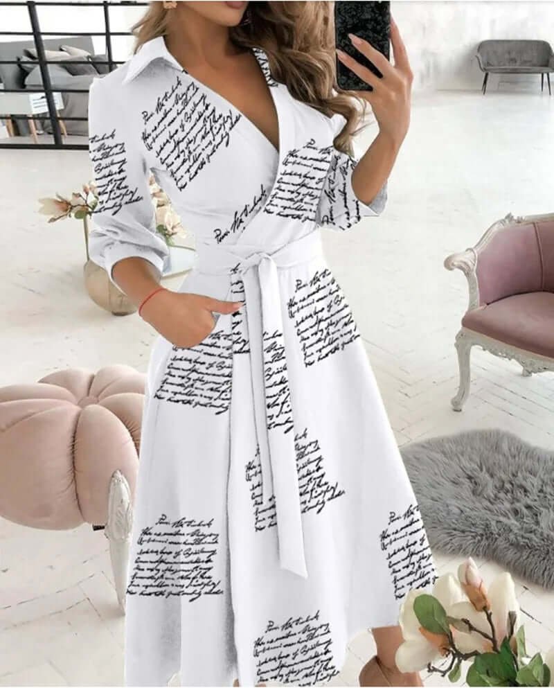Women's Refined Collared Wrap Cocktail Dress. Elegant midi evening wear for parties & special occasions.