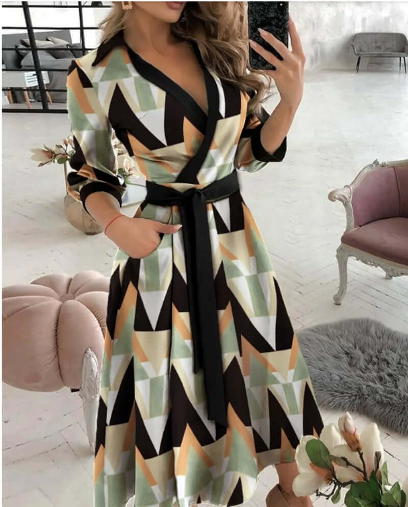 A-line women's wrap midi cocktail dress. Collared & tie waist for an elegant, sophisticated evening look.