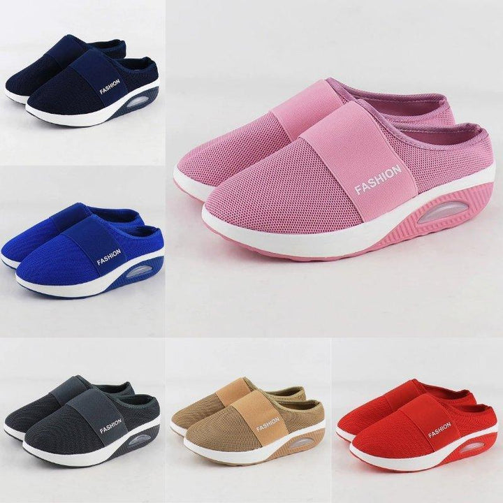 Pair of women's comfort shoes for seniors; slip-on design for easy wear on swollen feet.