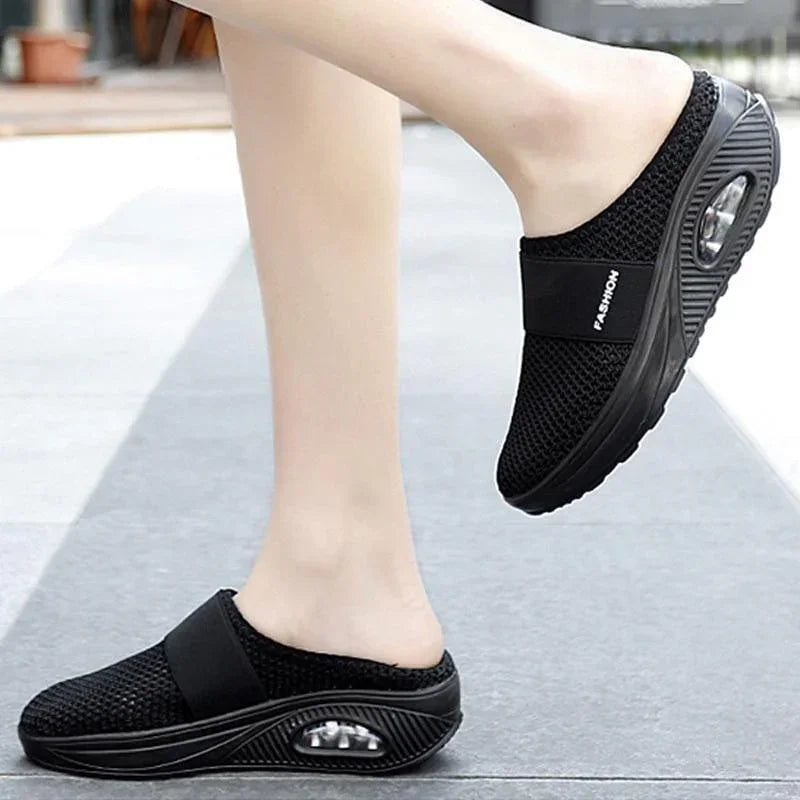 Woman walking in comfortable diabetic footwear; ideal for swollen feet & edema relief.