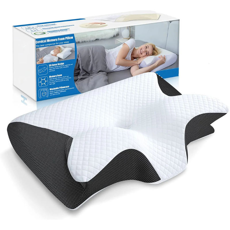 Luxurious memory foam cervical pillow offers neck support & comfort for side & back sleepers.