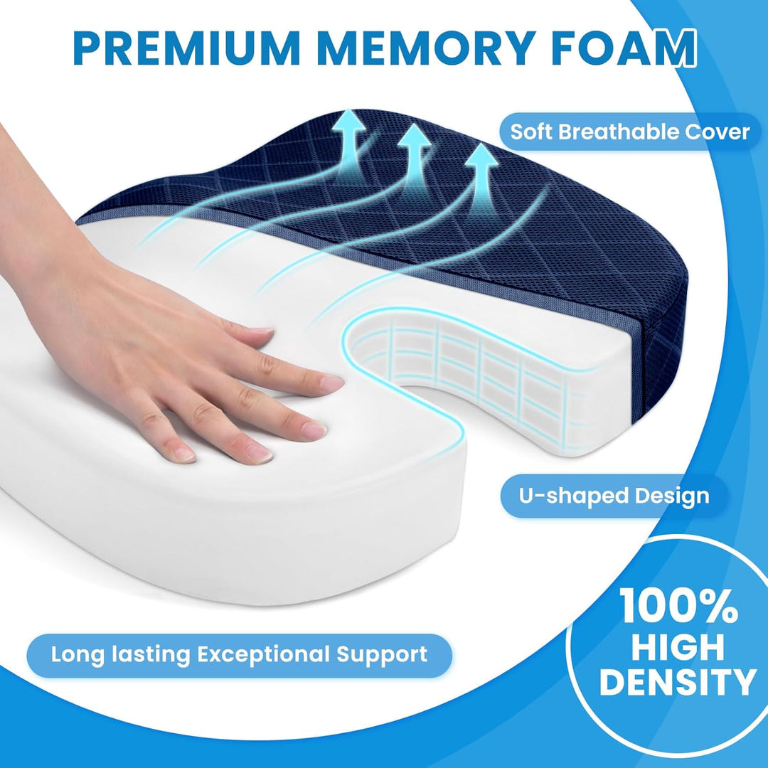Office comfort memory foam seat cushion, posture corrector for extended hours.