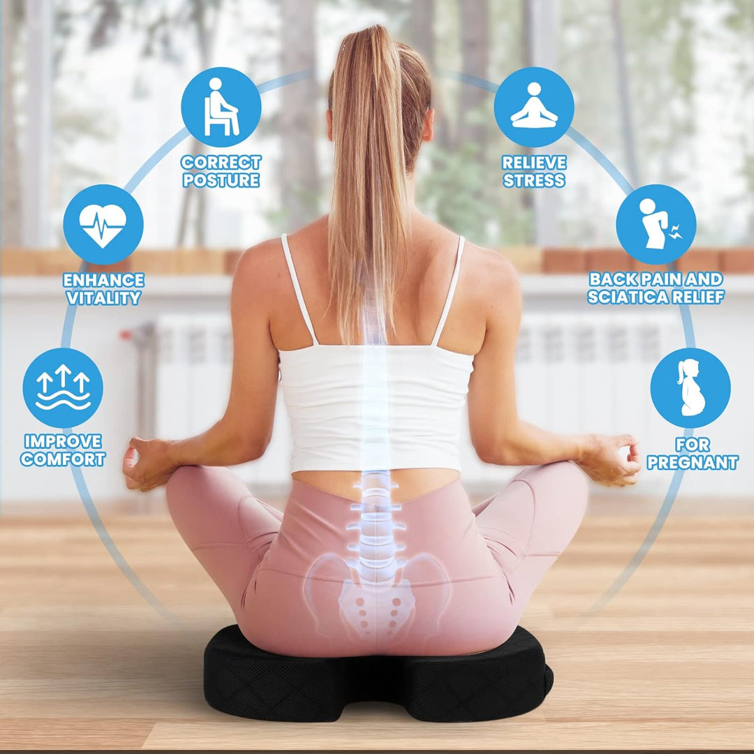 Ergonomic memory foam cushion for home office chair, helps relieve back pain.