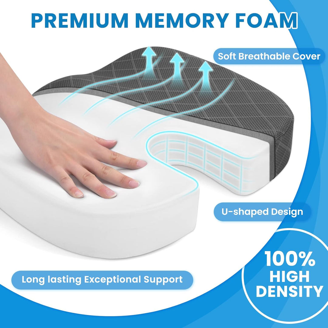 Seat cushion with memory foam for car, office, and home, ultimate comfort solution.
