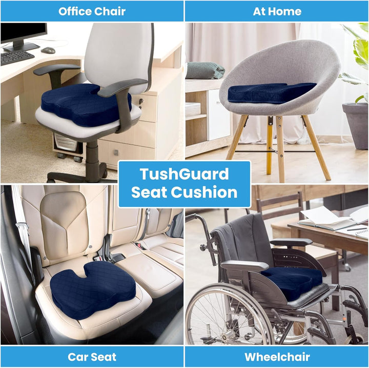 Posture correcting memory foam seat cushion for office chairs, ultimate back support.