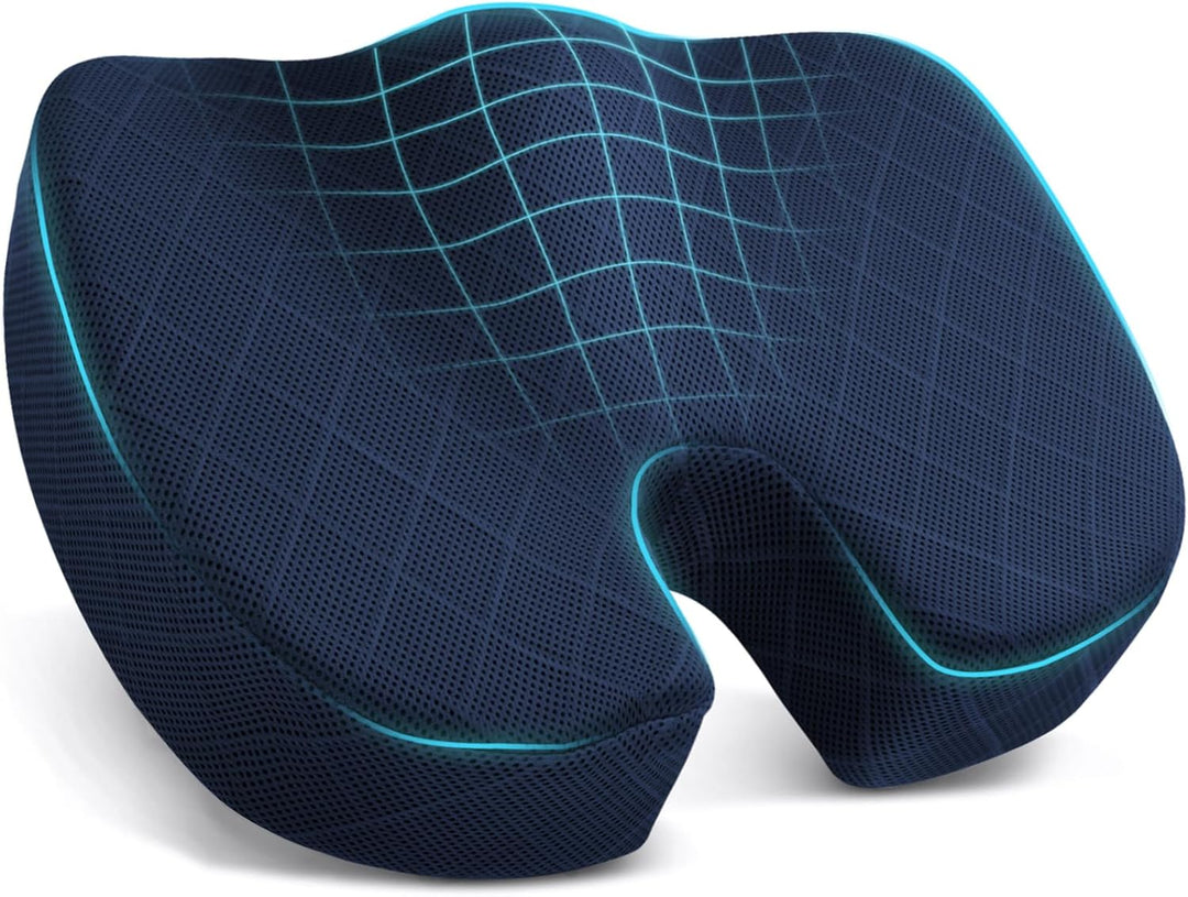 Ergonomic memory foam cushion for computer chair, reduces tailbone pressure.