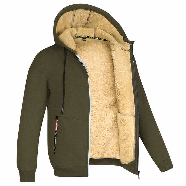 Comfortable men's zippered hoodie, soft for warmth. Ideal casual outerwear for fall & winter layering.