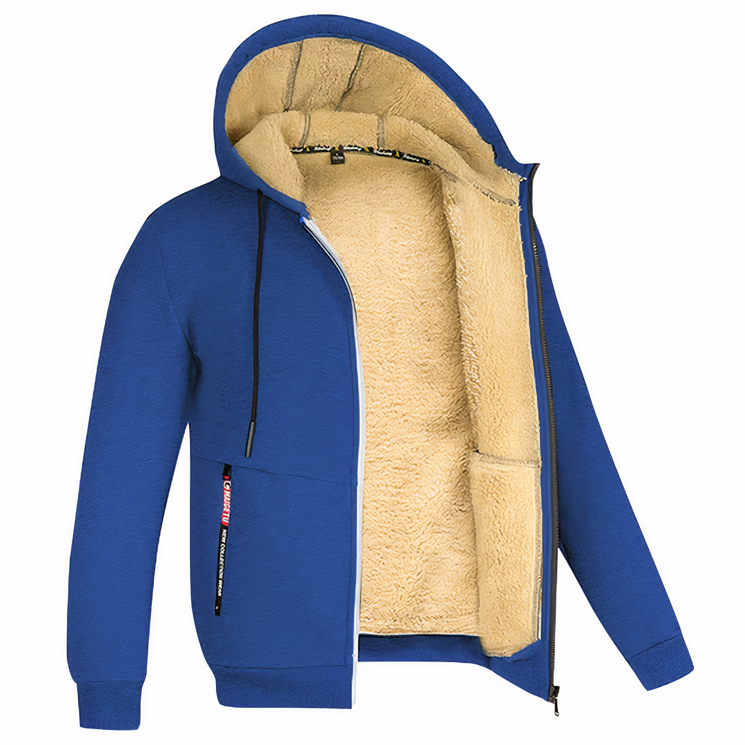 Classic men's zippered hoodie, comfortable fit, warm for everyday fall and winter casual wear.