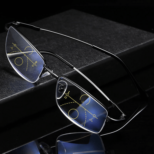 Men's and women's multifocal glasses with adaptive lenses for all-distance vision clarity.