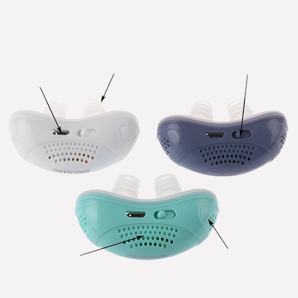 Men's and women's rechargeable anti-snoring device for quiet sleep and snore relief. Enhances nasal airflow.