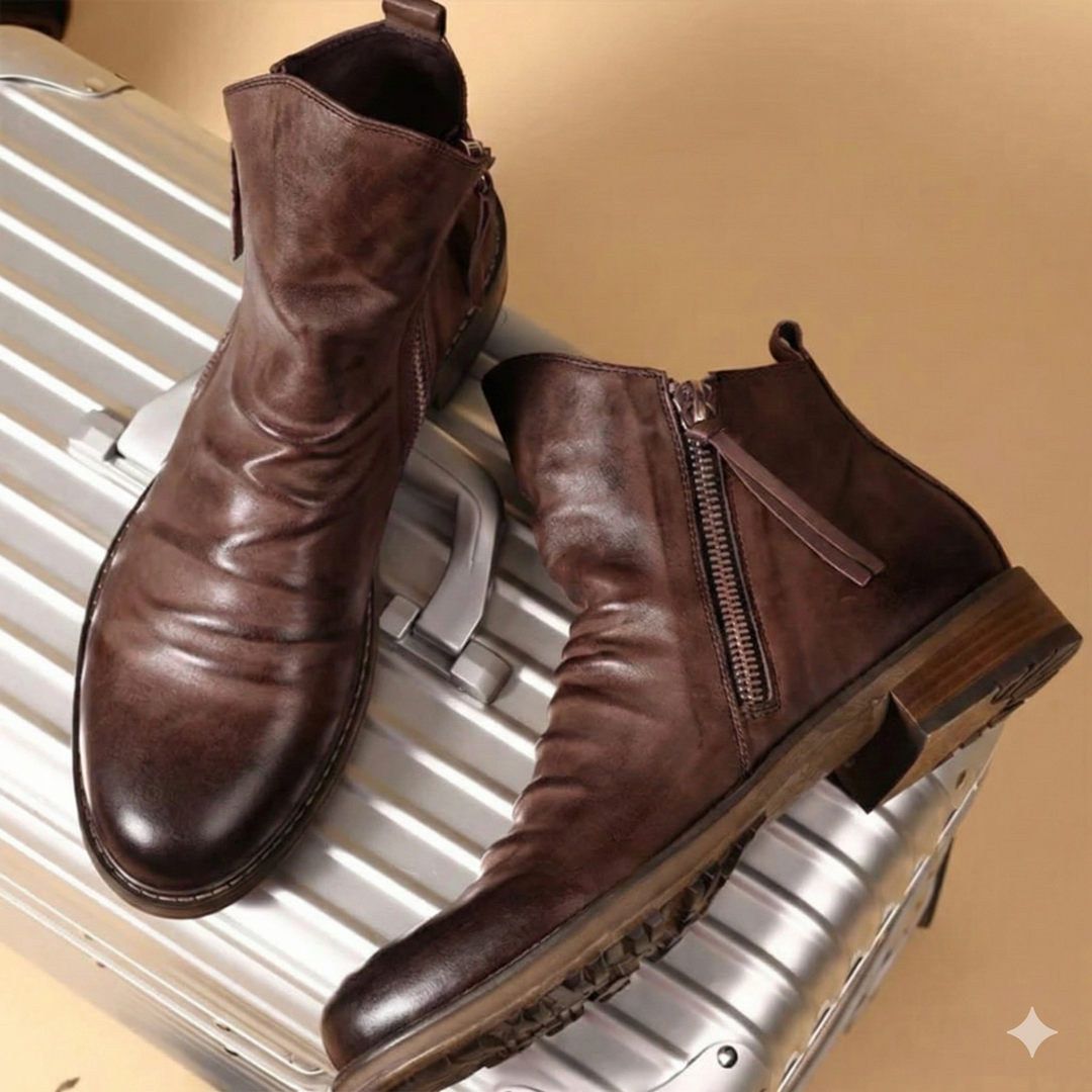 Men's ankle zip work boots in brown leather for casual wear.