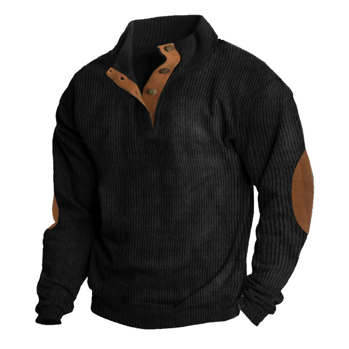 Detail shot of the Men's Asher sweater collar and sleeve cuffs, emphasizing quality craftsmanship.