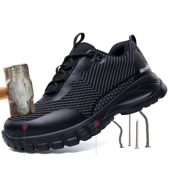 Durable black work boots with slip-resistant soles, ideal for construction and demanding work environments.
