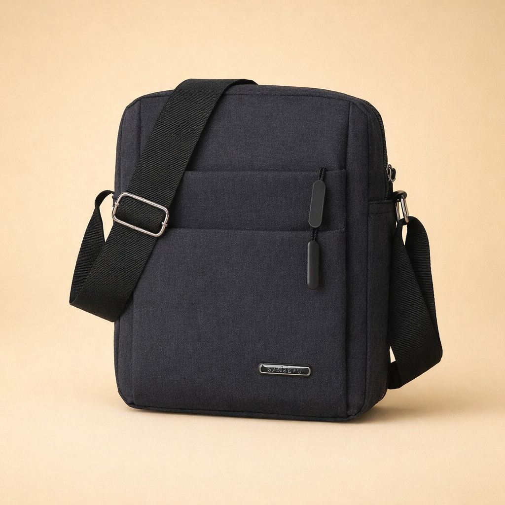 Men's black urban crossbody bag, ideal for city travel and everyday use.
