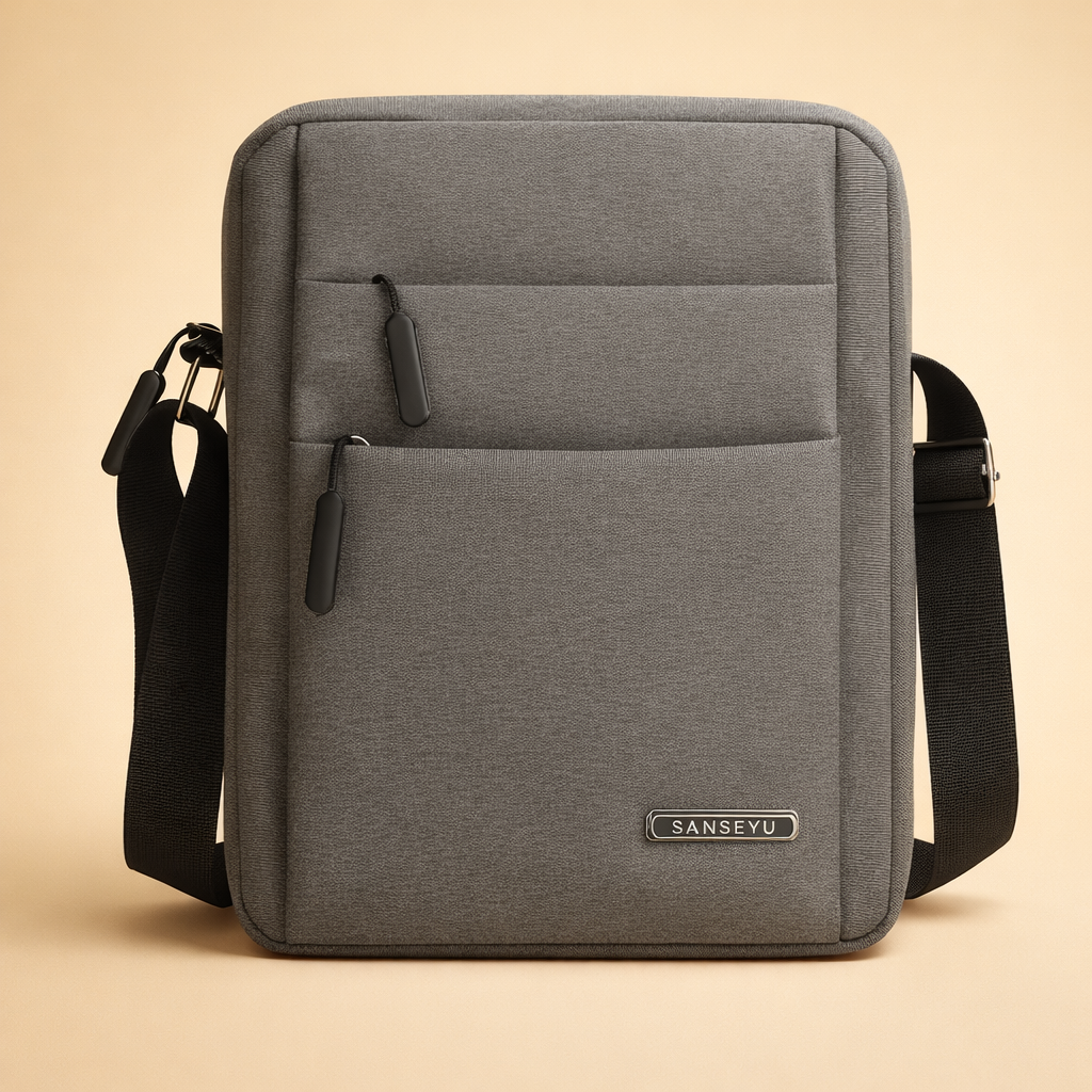 Minimalist grey crossbody handbag for men, perfect for urban exploration.