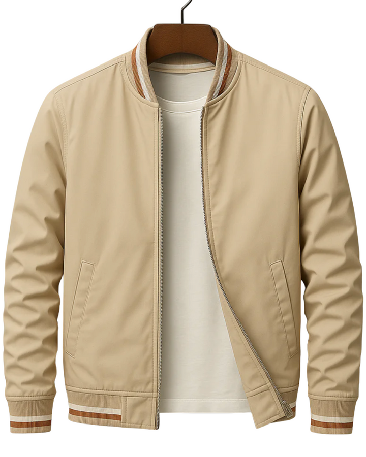 Stylish men's bomber jacket with full zipper closure, ideal lightweight outerwear for spring and fall fashion.