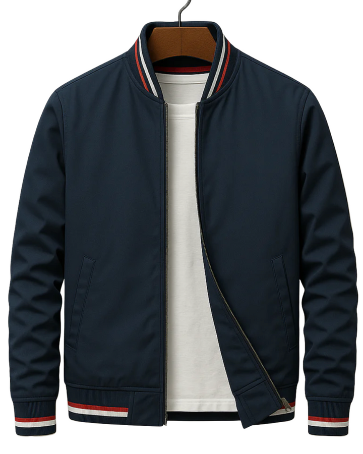 Casual men's zipper bomber jacket paired with jeans, a versatile and fashionable choice for daily outfits.