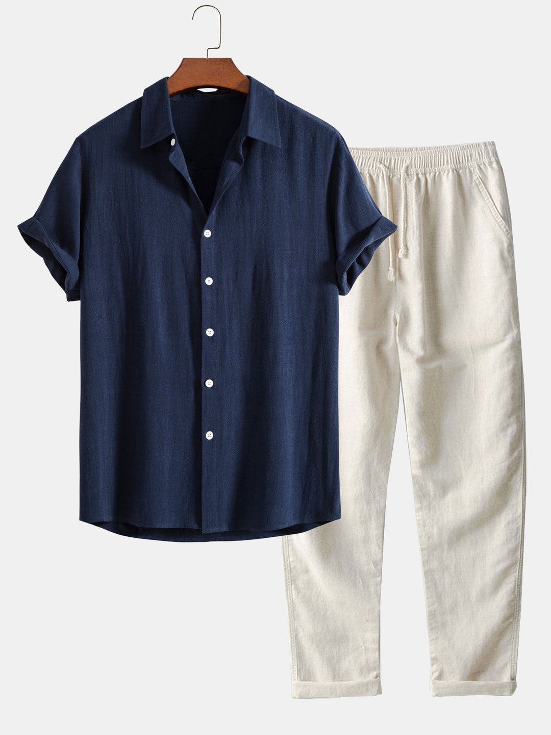 Men's breathable linen-style summer shirt and shorts matching set