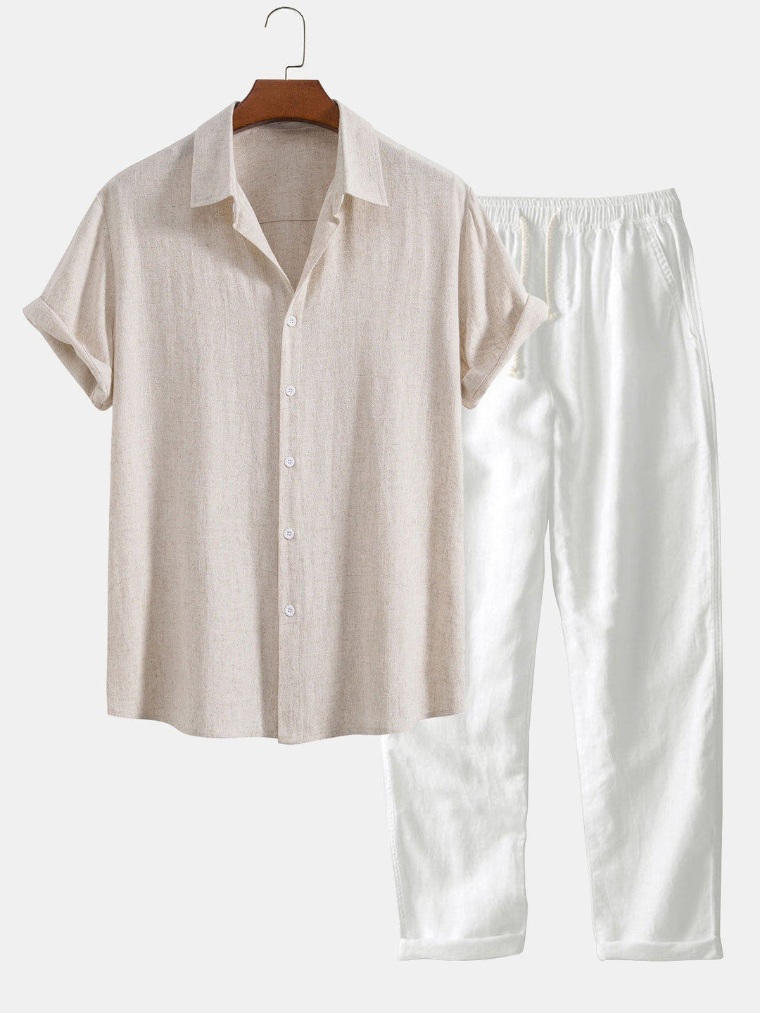 Stylish men's holiday outfit featuring a linen-style shirt and shorts