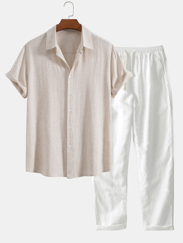 Stylish men's holiday outfit featuring a linen-style shirt and shorts