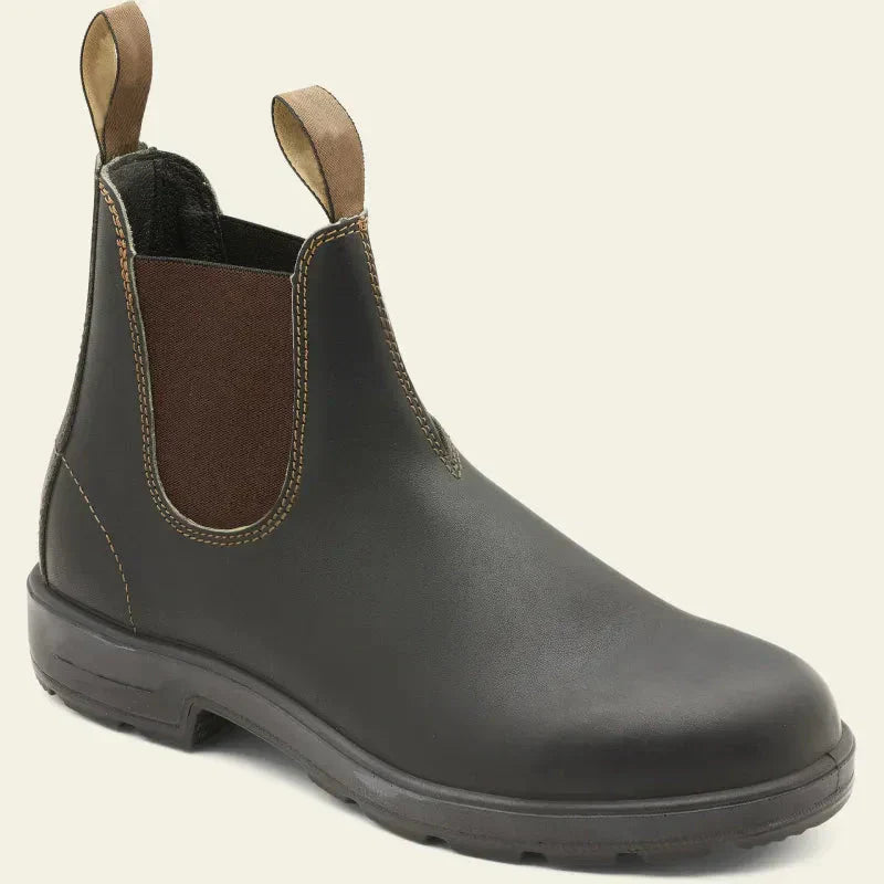 Men's brown leather Chelsea ankle work boots, featuring easy slip-on design for daily wear.